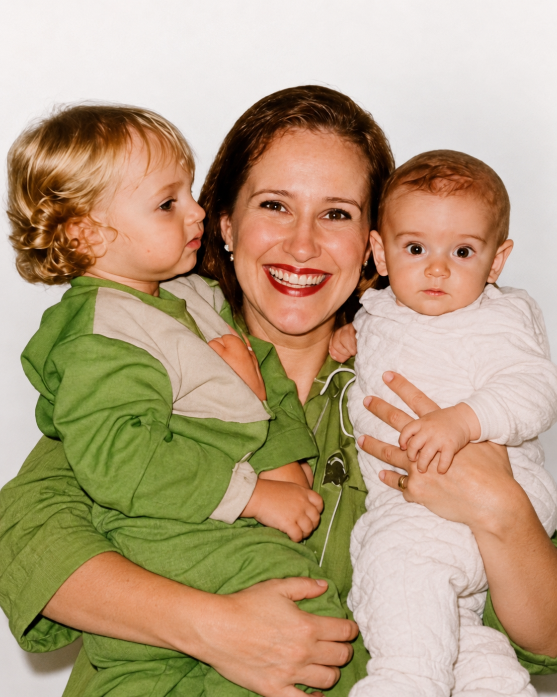 Patrícia com os dois filhos pequenos no colo